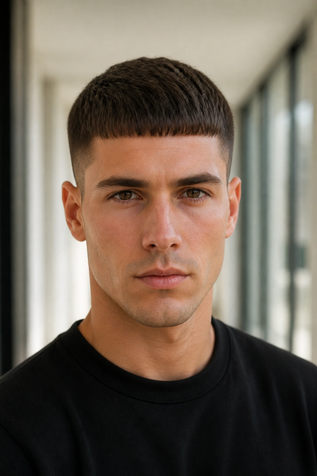 Close-up portrait of a man with a Caesar cut, straight forward fringe and uniform short hair
