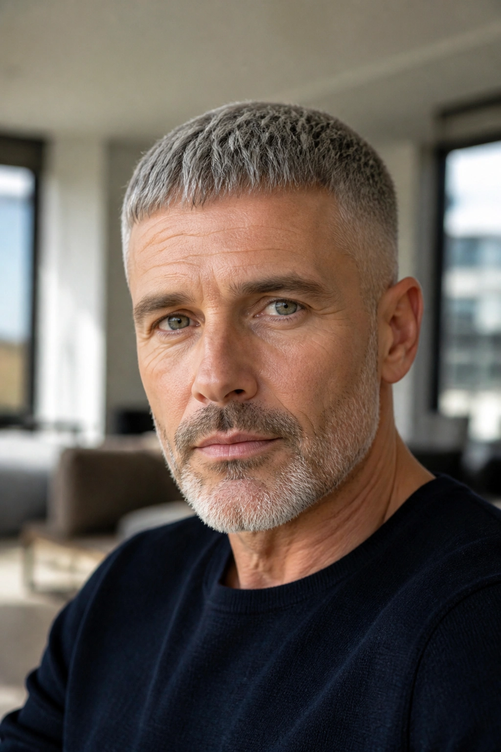Close-up portrait of a man with a short Caesar cut and gray hair.