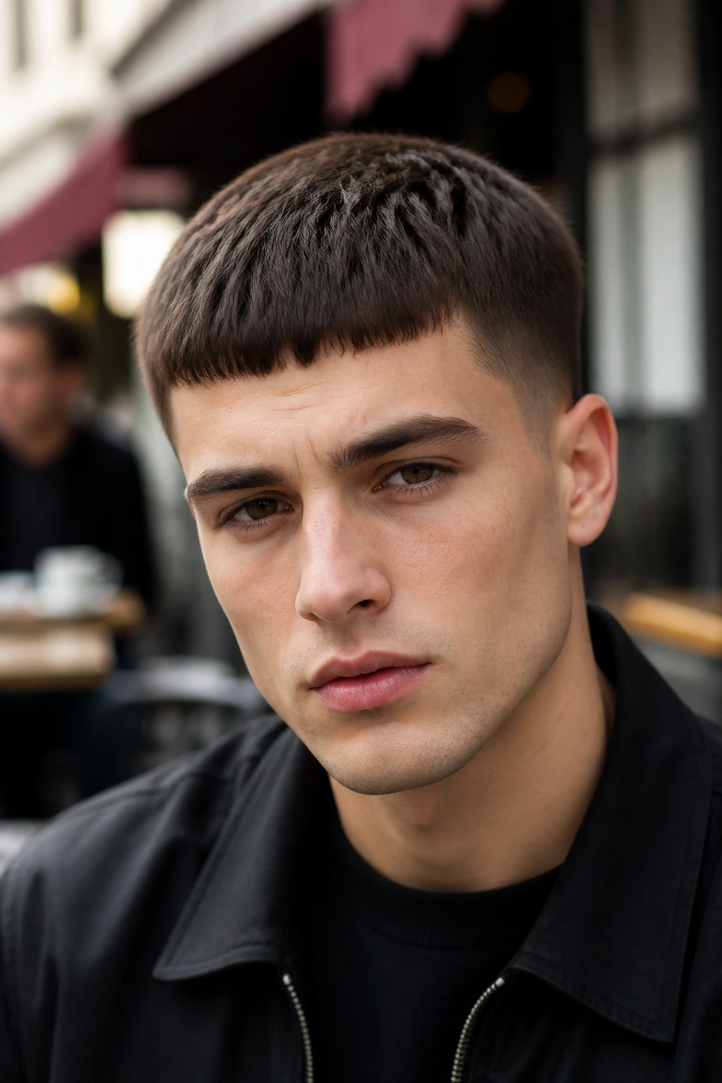 Close-up of a man with a Caesar cut and forward fringe.