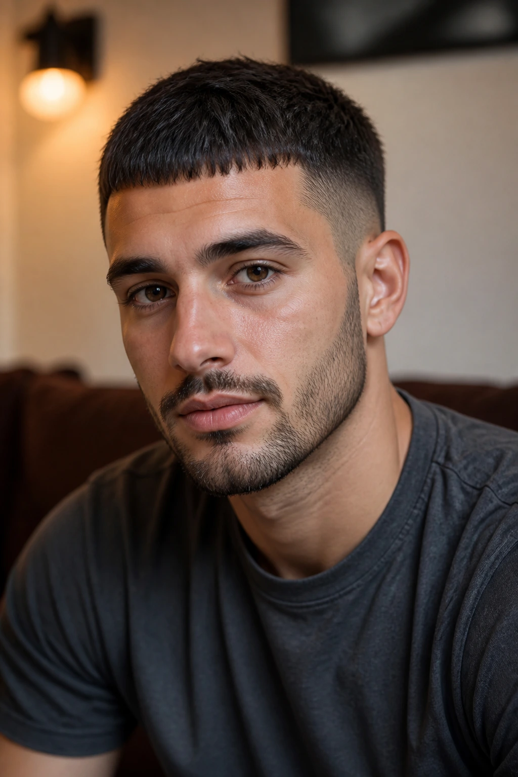 Close-up portrait of a man with a Caesar cut and forward fringe indoors.