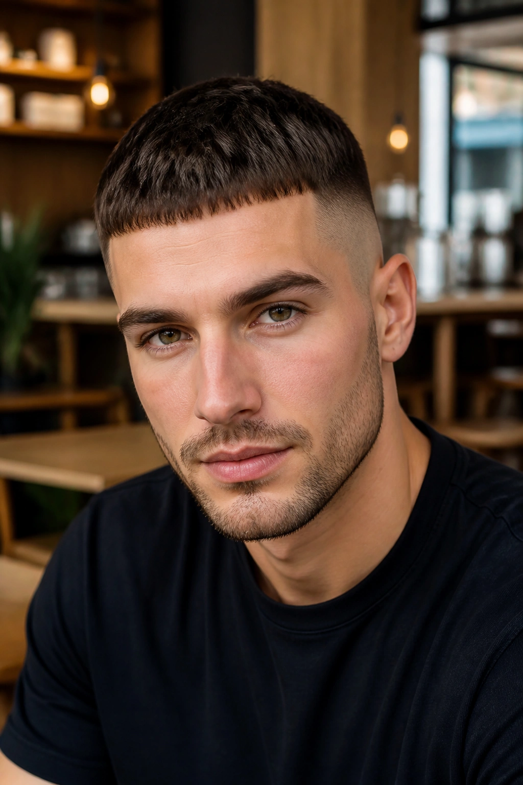 Portrait of a man with a Caesar cut hairstyle in a cafe