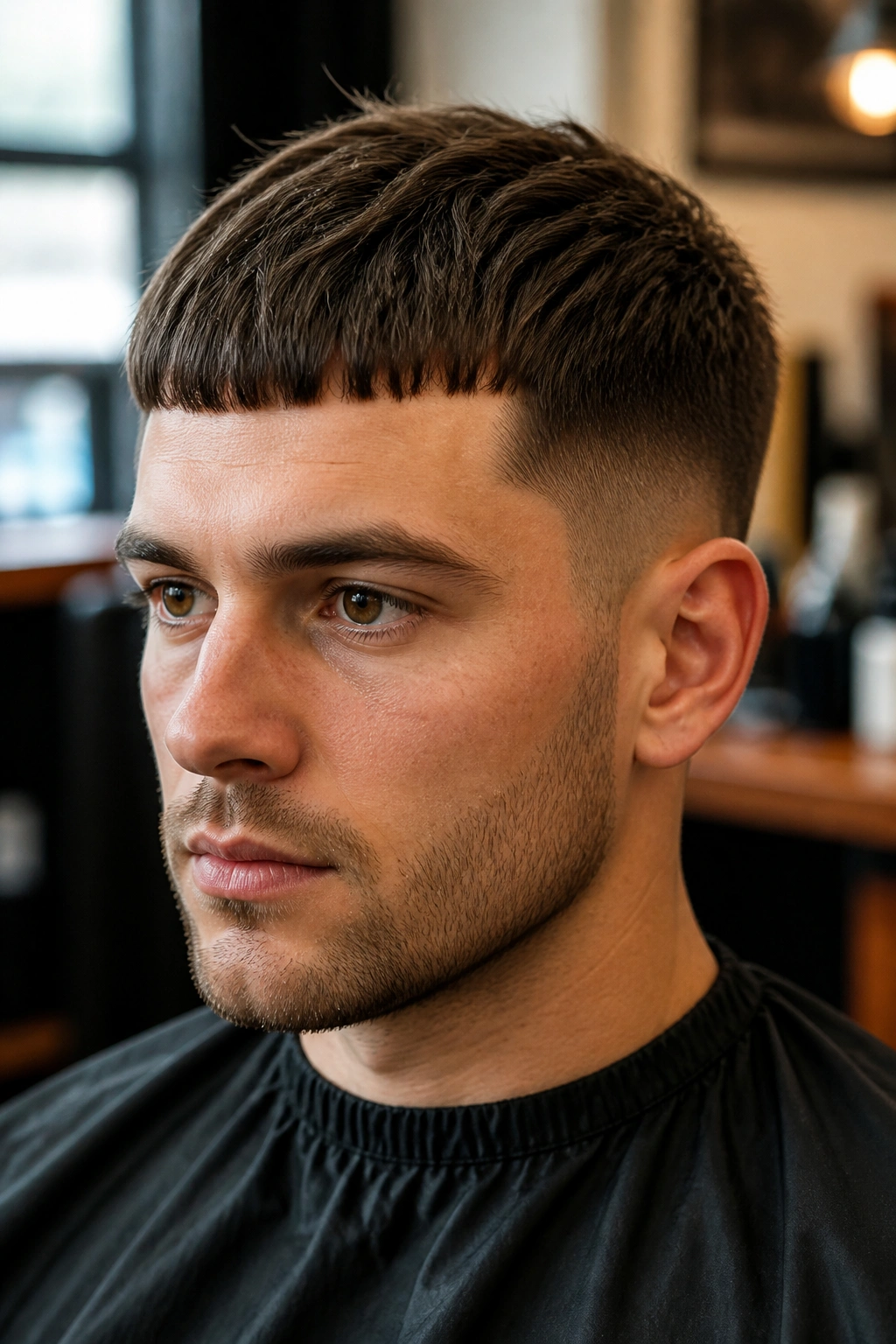 Close-up of a man with a Caesar cut in a barber shop