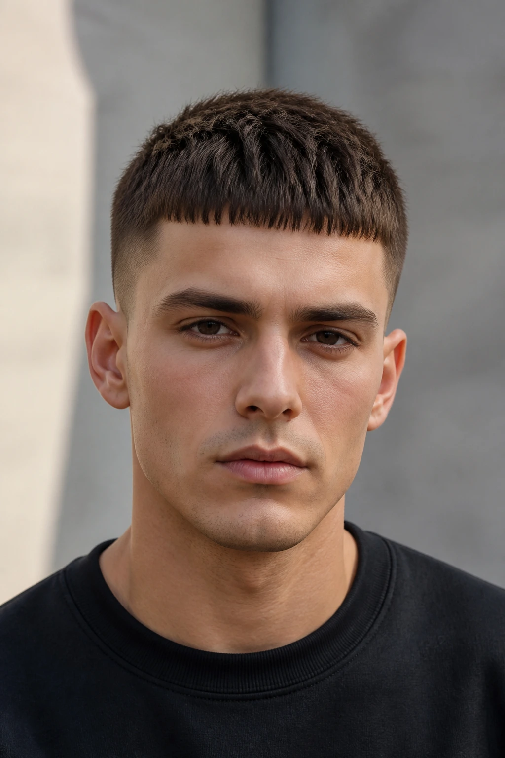 Close-up portrait of a man with a Caesar cut and blunt fringe