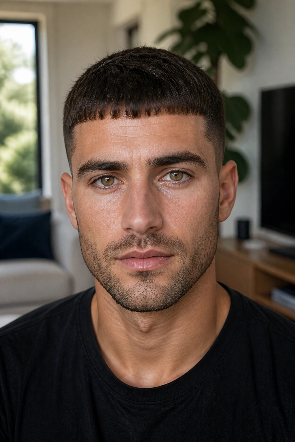 Close-up of a man with a Caesar cut in a bright living room