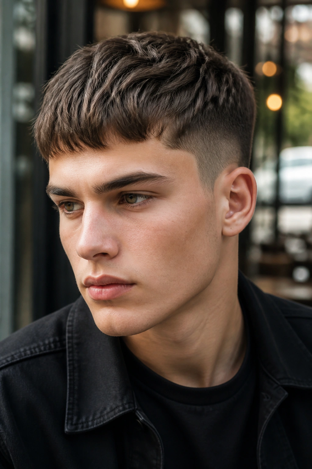 Close-up portrait of a real person with a choppy-edge Caesar cut in natural light