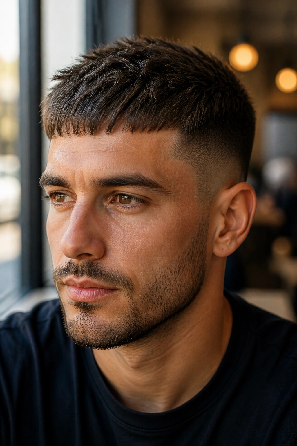 Close-up of man with textured Caesar cut and uneven fringe