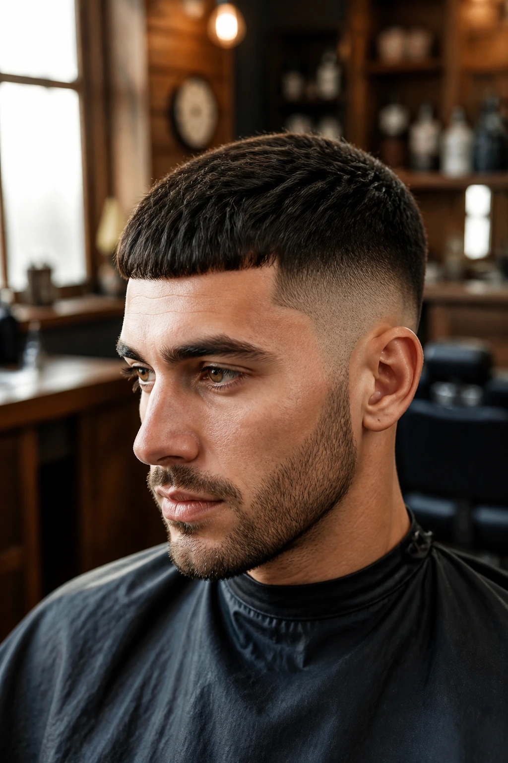 Close-up portrait of a man with a Caesar undercut and forward-fringed top in a warm barbershop setting