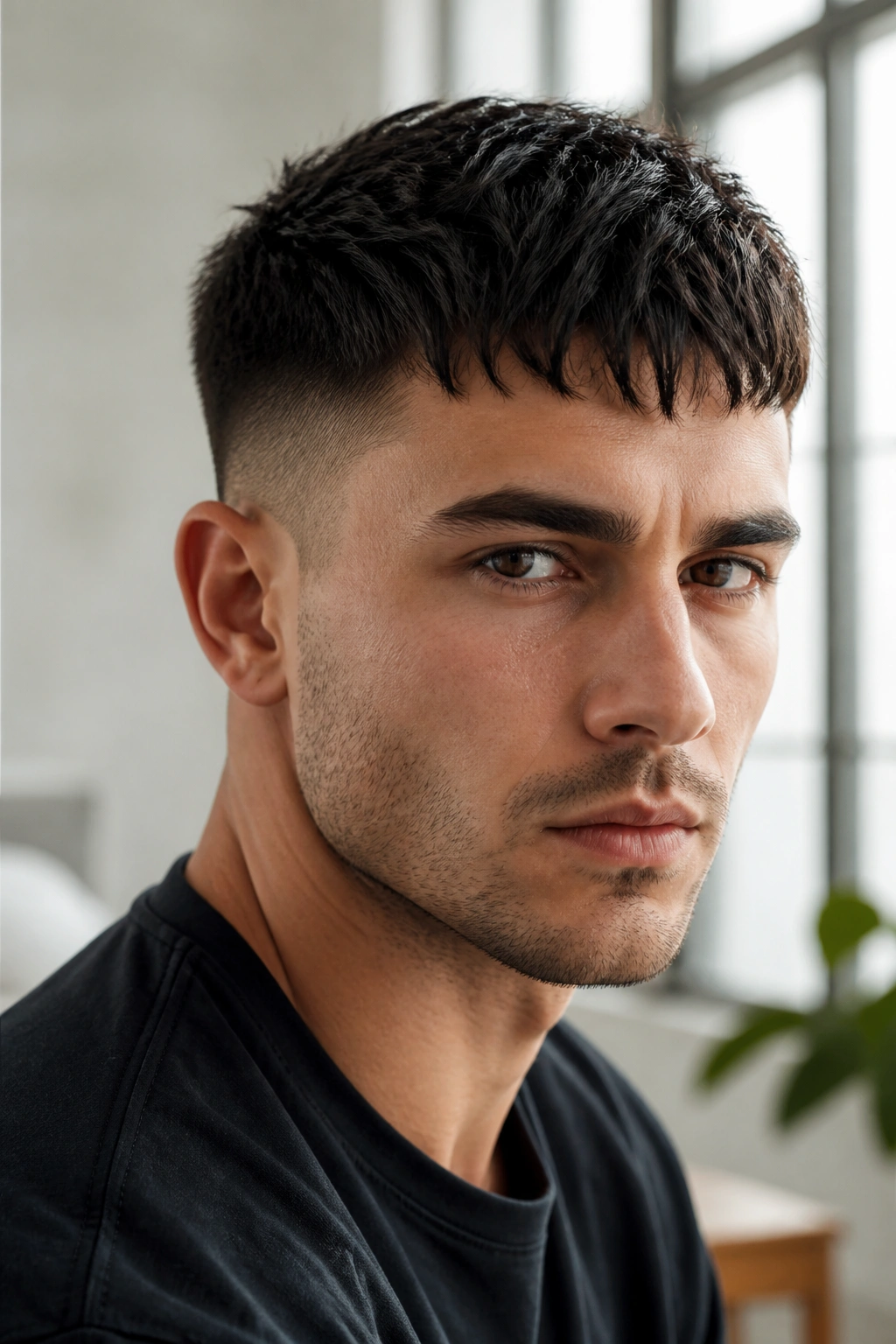 Close-up portrait of a person with a textured Caesar undercut in bright interior.
