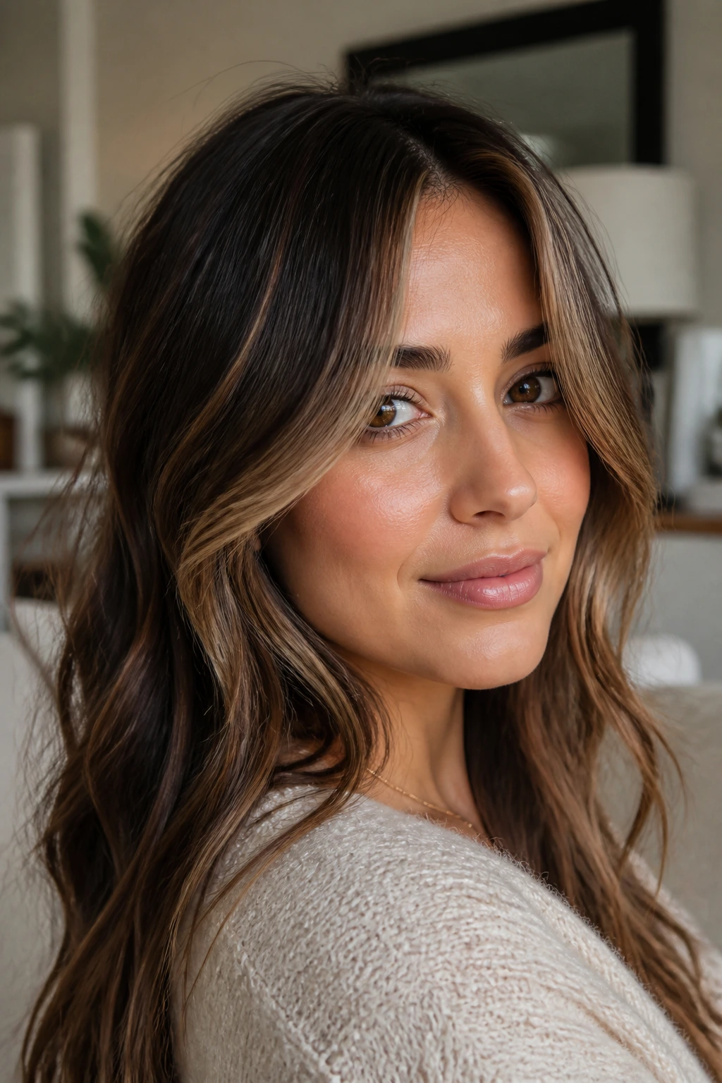 Close-up of a real woman with cafe-au-lait face-framing pieces around the face