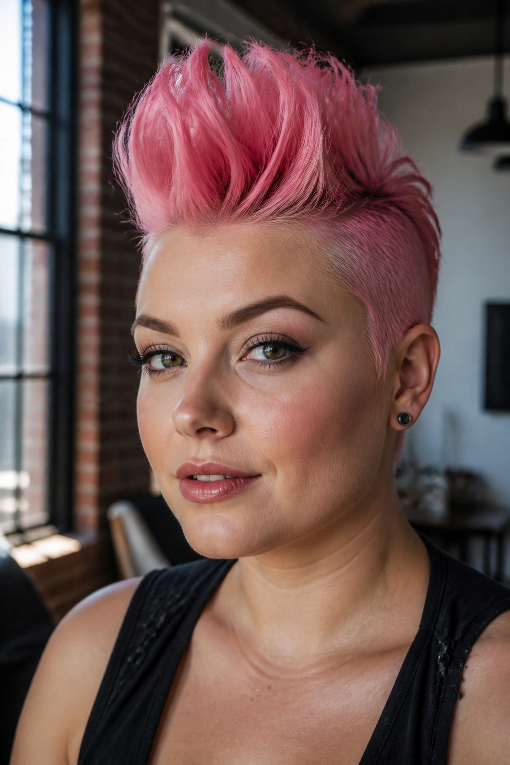 Close-up portrait of a real person wearing a candy pink faux hawk with a tall center ridge