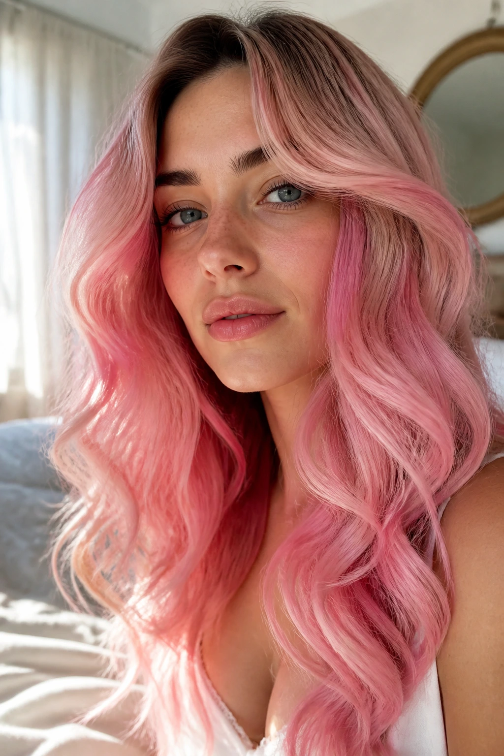 Close-up of a real woman with Candyfloss Curls, pale pink curls with soft, airy texture.