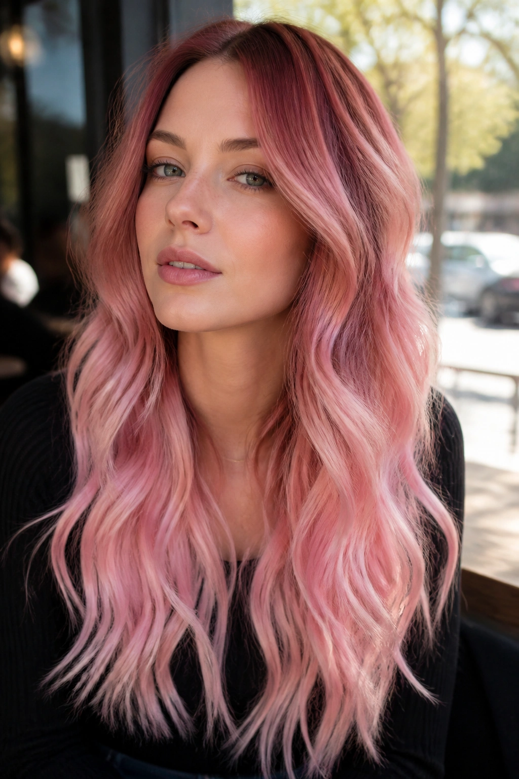 Close-up portrait of a real woman with Candyfloss Ombré hair in sunlight