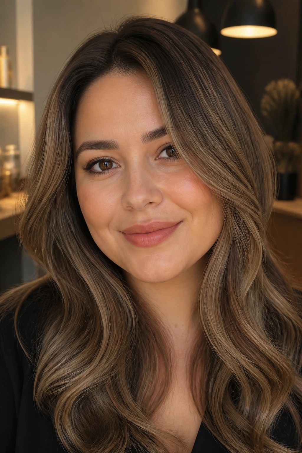 Close-up of a real person with muted caramel-ash brunette blend