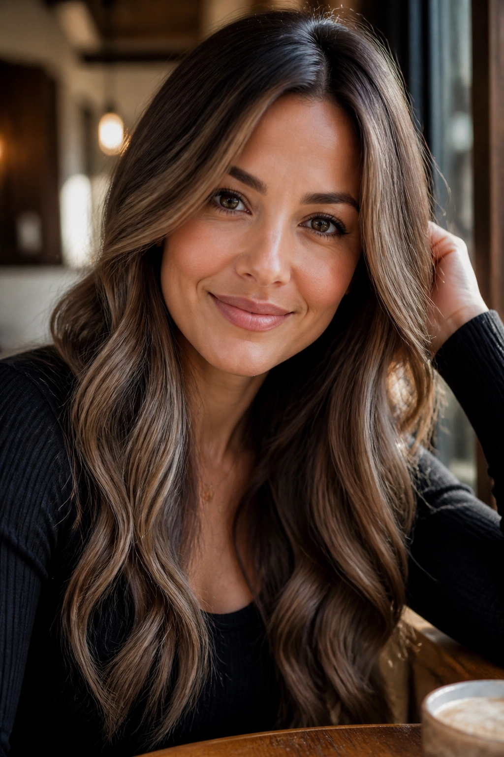Warm brunette hair with cool caramel ash balayage in soft waves