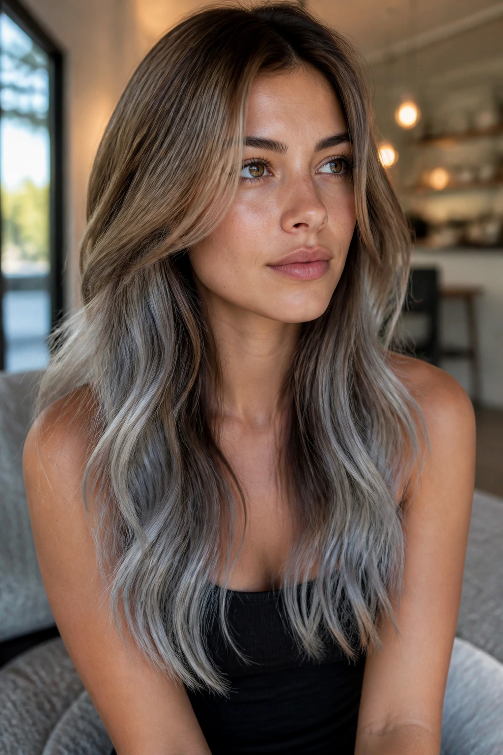 Close-up portrait of a real woman with long caramel-to-ash gray ombre hair, warm window light.