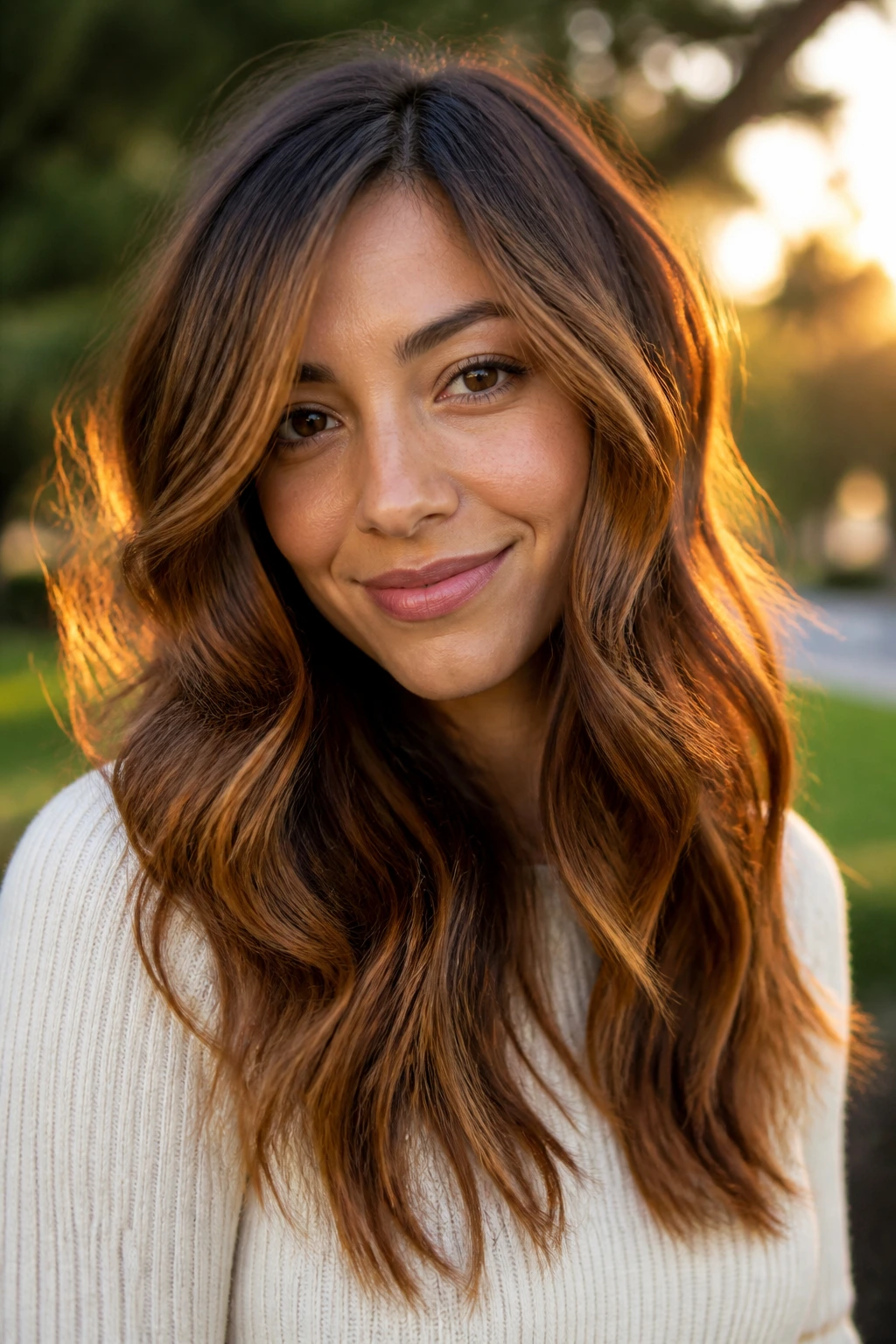 Close-up of brunette with caramel-auburn balayage in sunlit setting