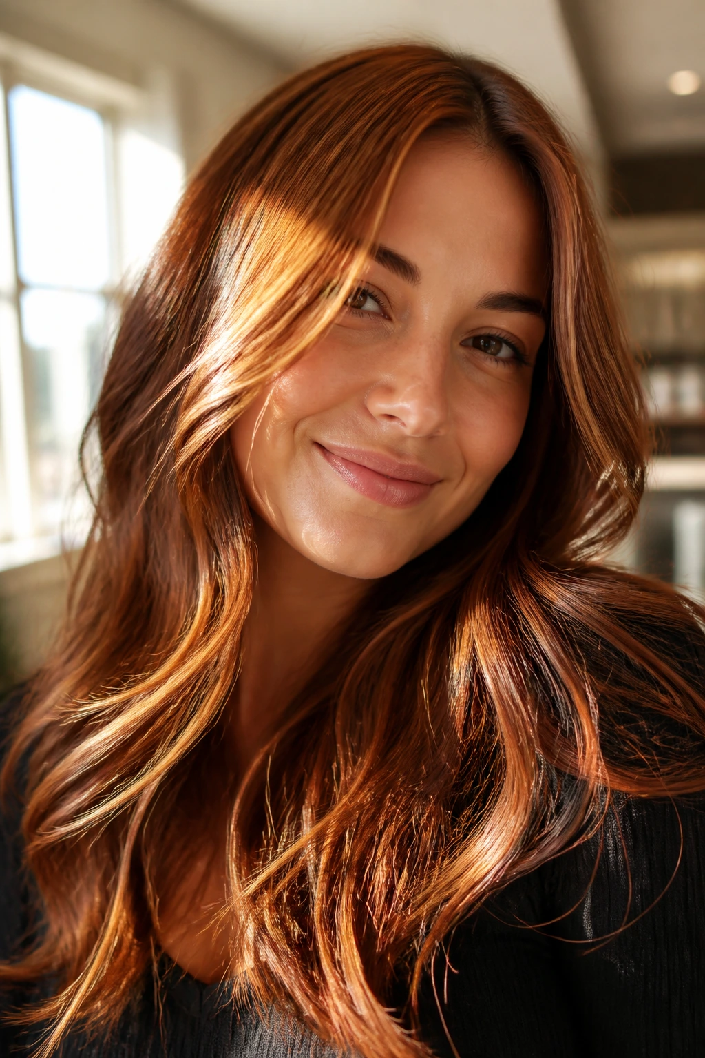 Close-up of a real woman's hair with caramel-infused auburn highlights catching sunlight.