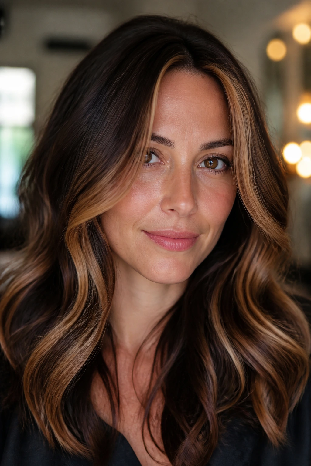 Close-up of a real woman with caramel-auburn face-framing balayage slices