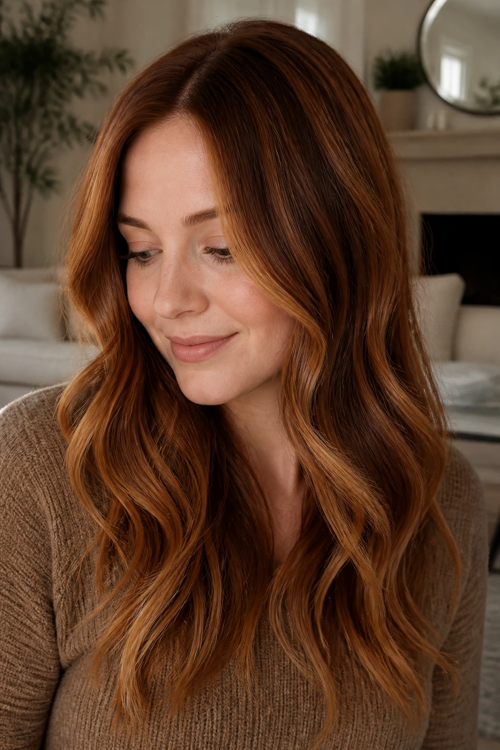 Portrait of a woman with caramel auburn veils in soft ribbons over auburn hair
