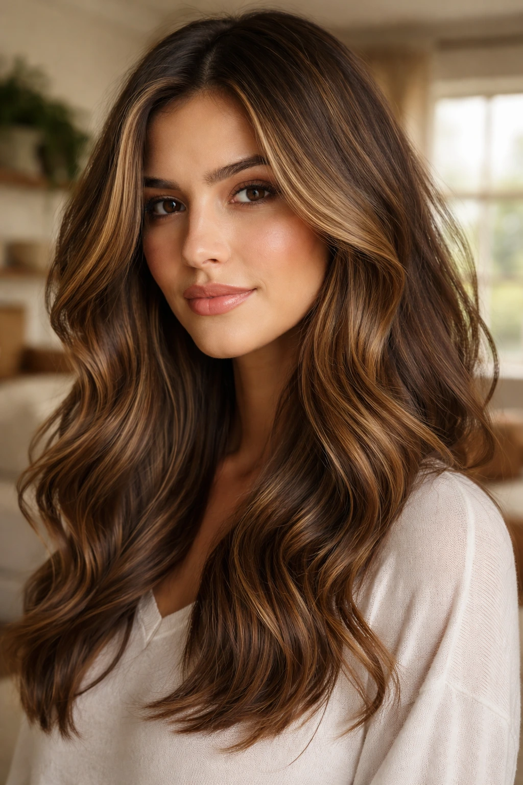 Close-up of brunette hair with fine caramel babylights creating dimensional glow
