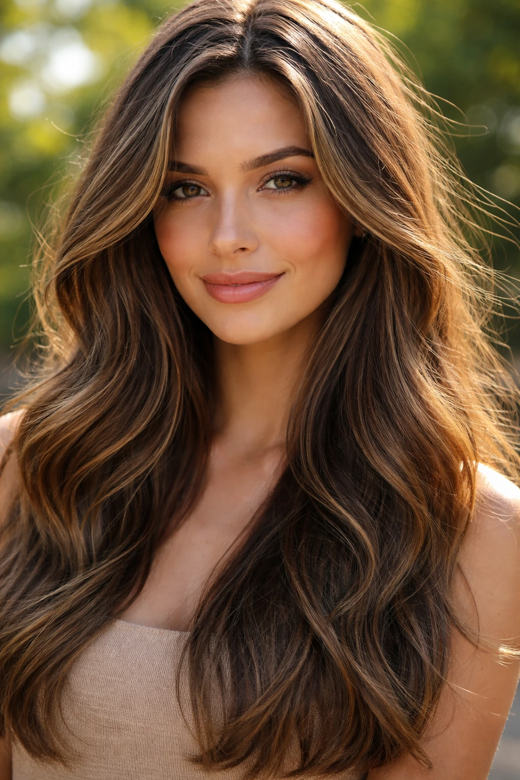 Brunette with caramel-tinted babylights creating movement