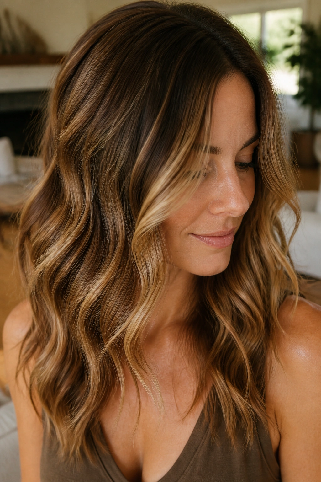 Close-up portrait of a real woman with caramel blond balayage on brown hair.