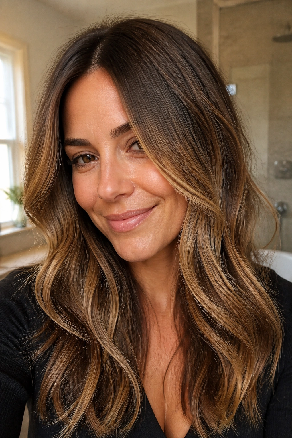 Close-up of a real woman with caramel balayage on brown hair in warm window light