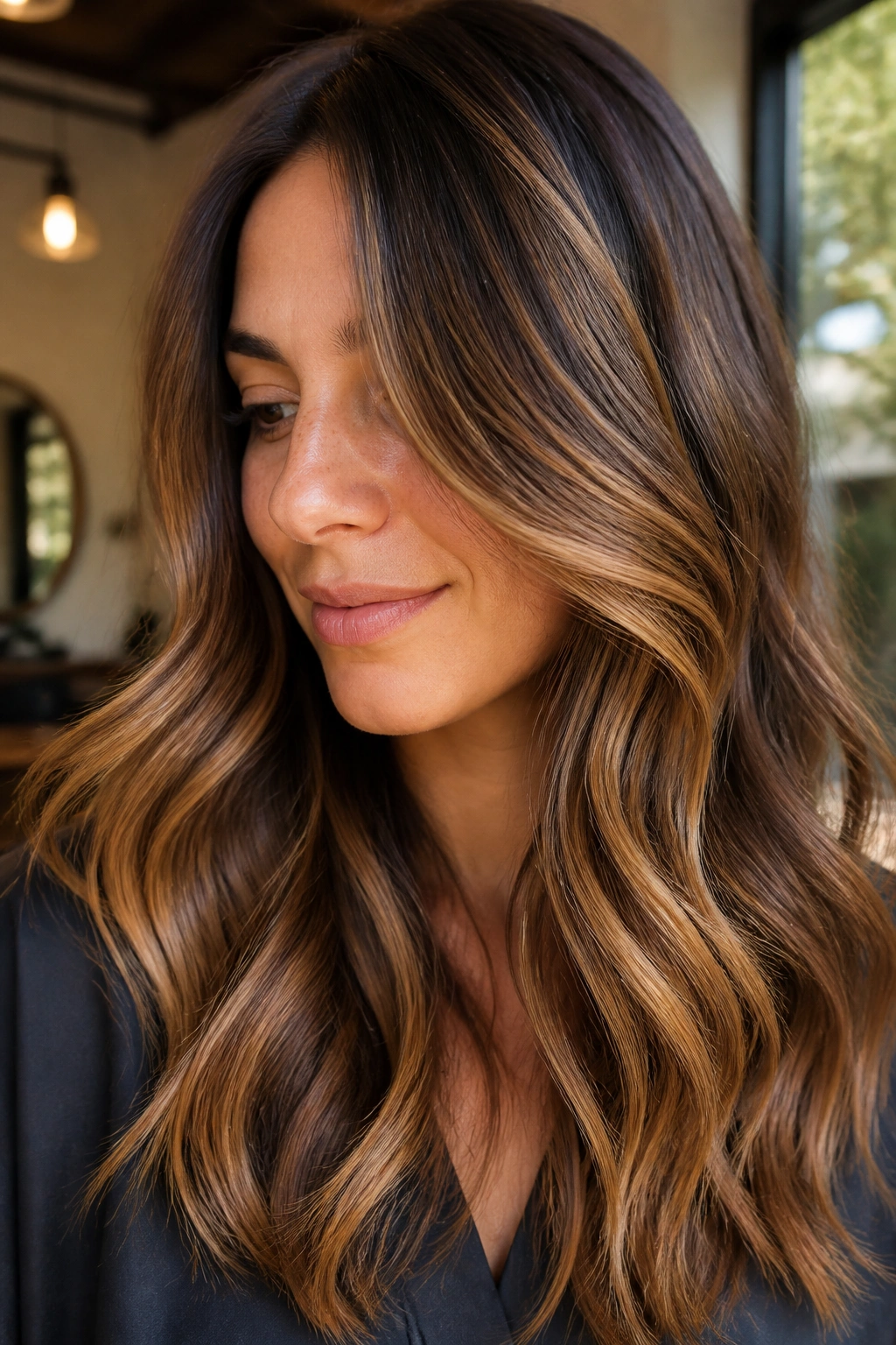 Close-up of a real woman with soft caramel balayage on medium brown hair in warm salon light