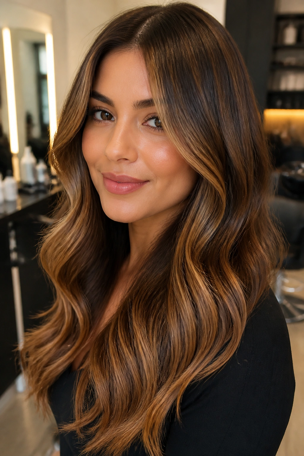 Close-up portrait of a real woman with soft caramel balayage and salon gloss on brown hair, warm lighting.