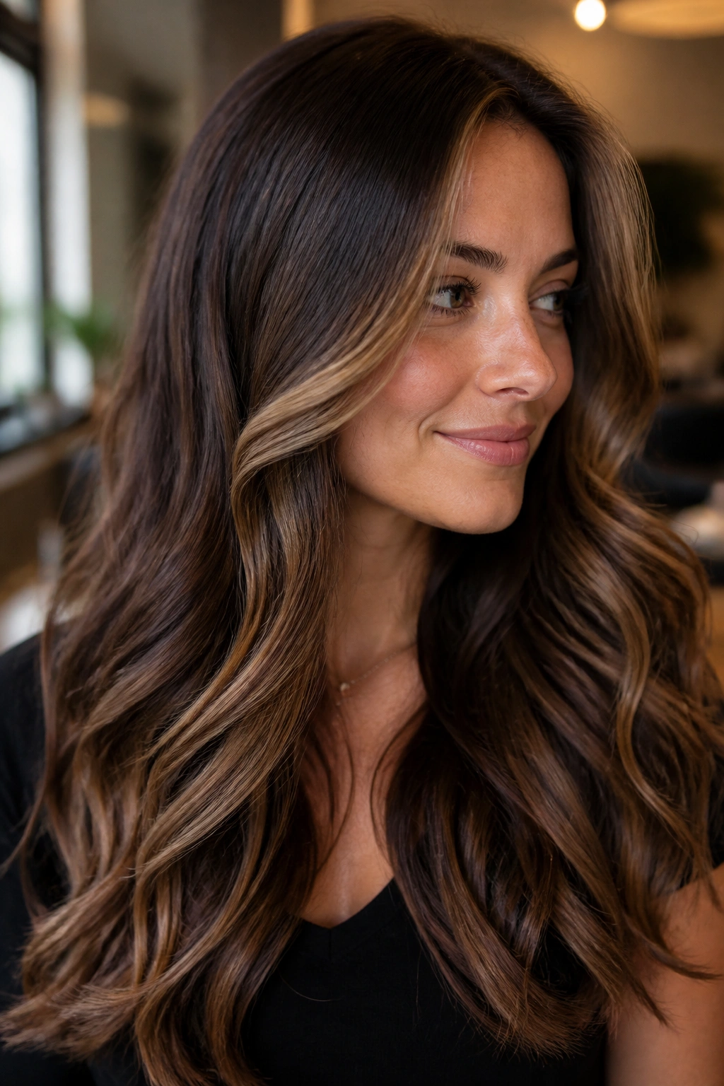 Close-up of a real woman with soft caramel ribbons on dark chocolate brown hair