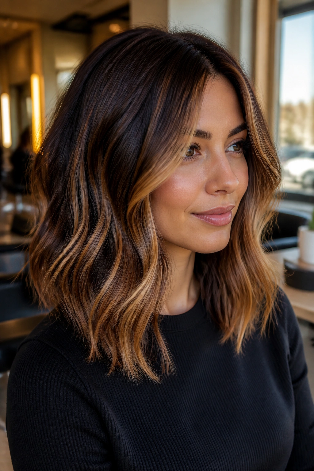 Close-up brunette with caramel ribbon balayage, warm golden-brown hair shine.