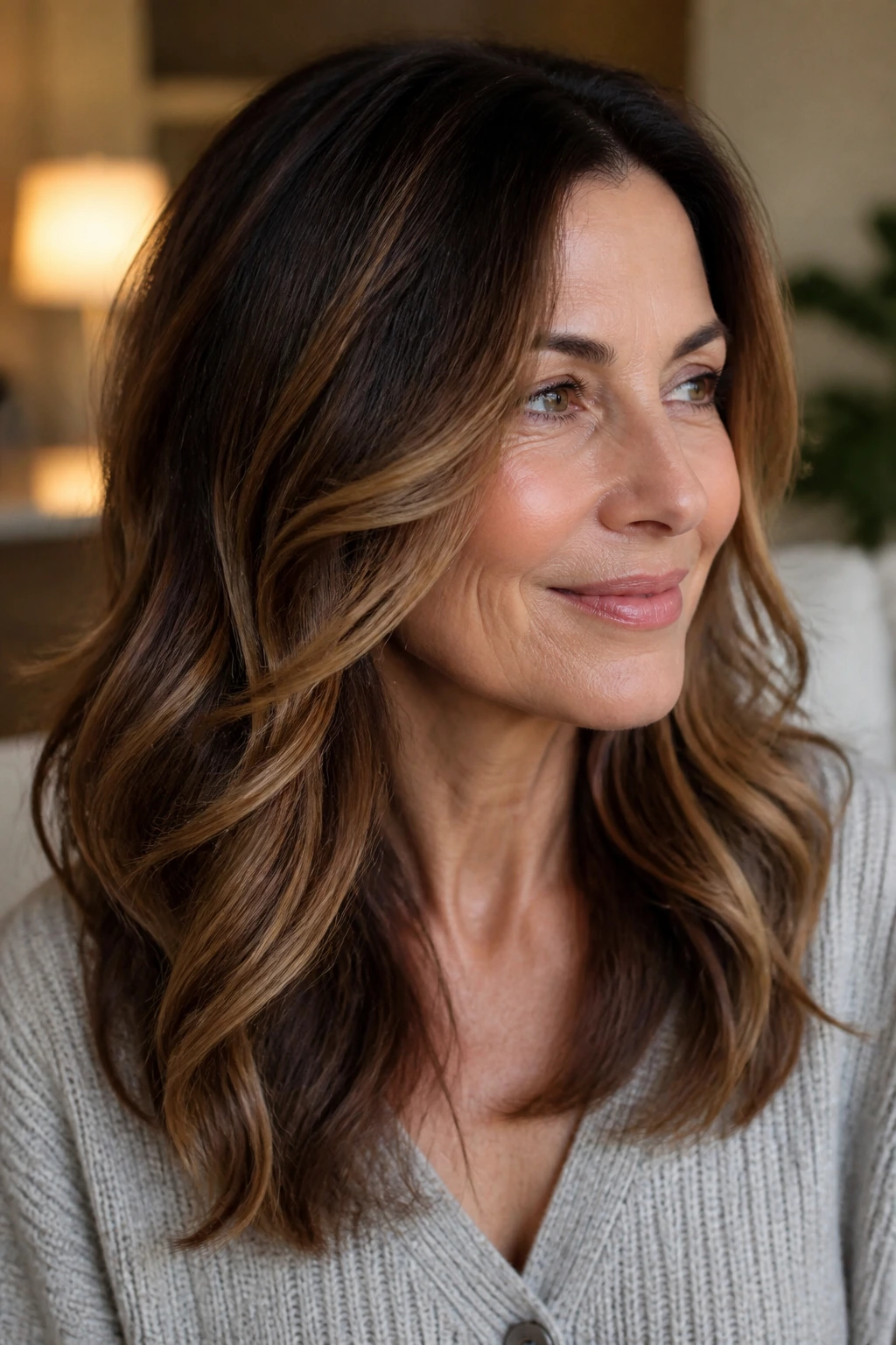 Close-up of brunette hair with caramel balayage for warmth and movement