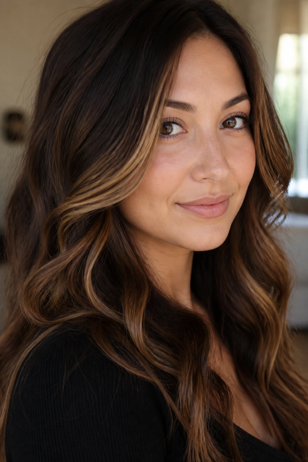 Close-up of chestnut brown waves with caramel ribbons dropping below cheeks on a real woman