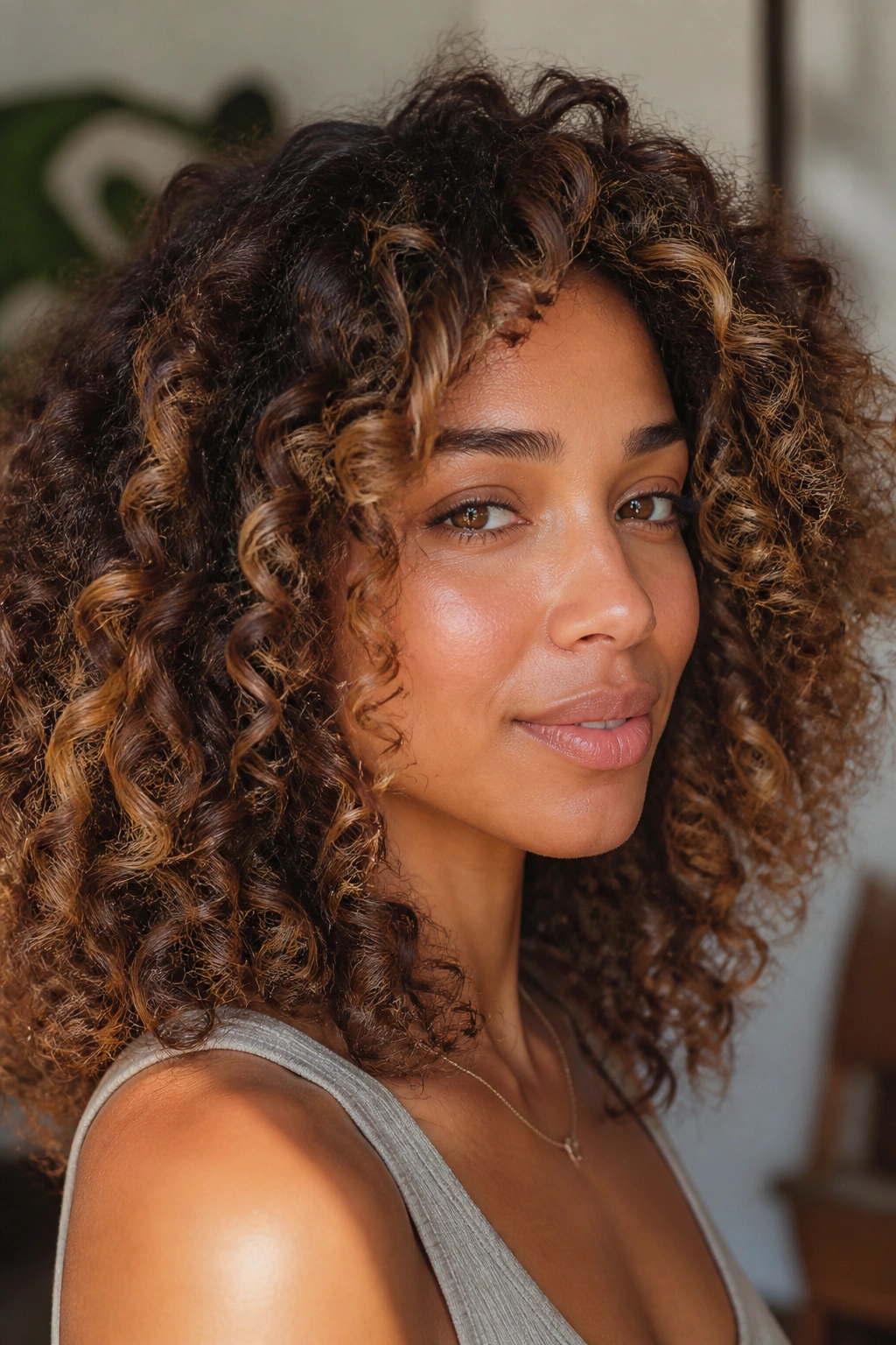 Close-up of a real woman with caramel balayage curls in sunlit room