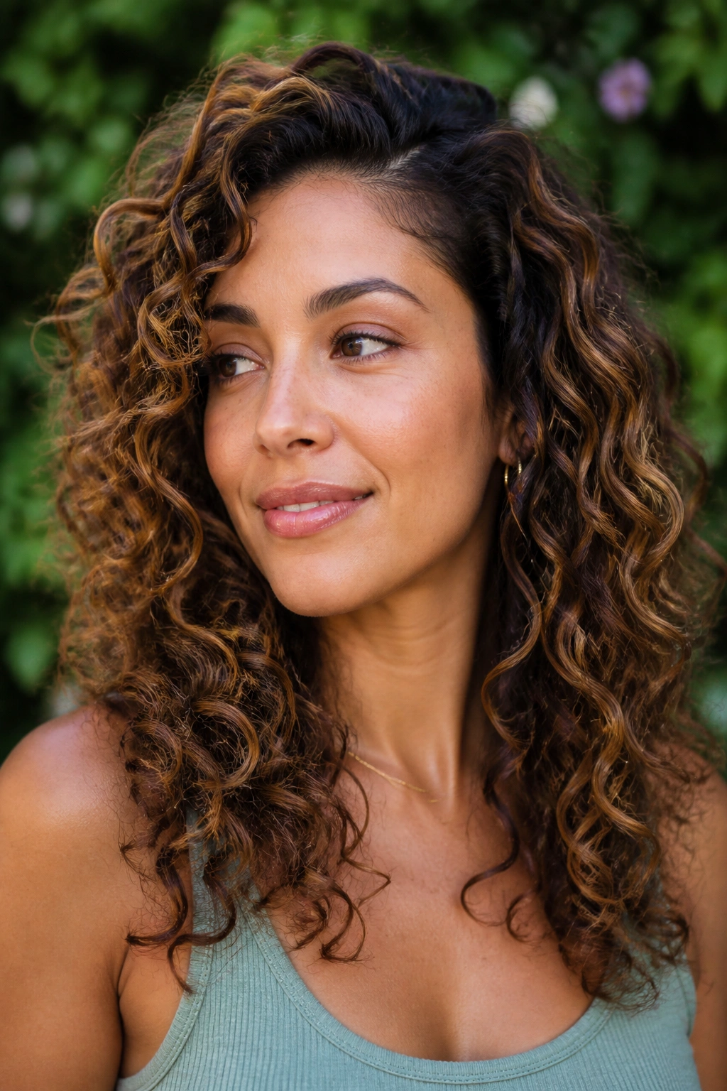 Close-up of curly brown hair with caramel balayage following curl pattern