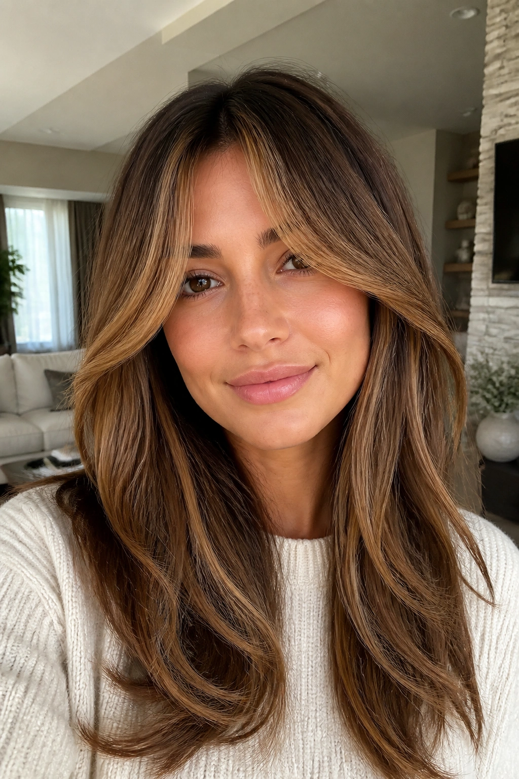 Real woman with caramel balayage curtain bangs and light ribbons around the face.
