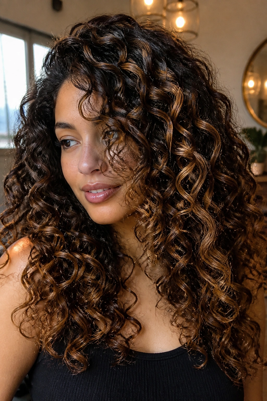 Caramel balayage woven into dark curls with soft lighting