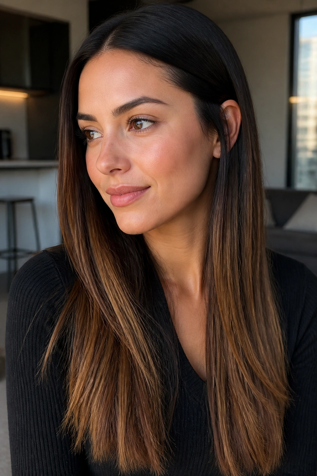 Close-up portrait of a woman with caramel balayage on espresso hair in warm window light