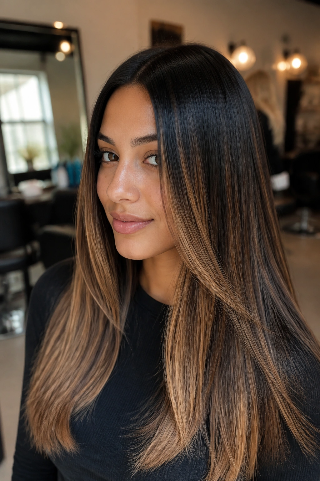 Real person with dark base hair and caramel balayage highlights