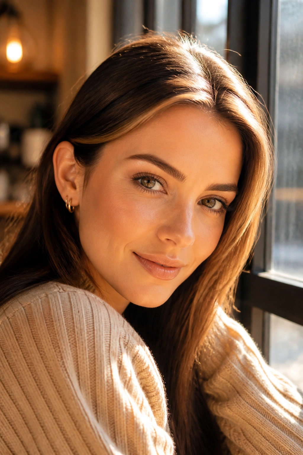Portrait of a woman with sunlit caramel at the hairline and part in natural light