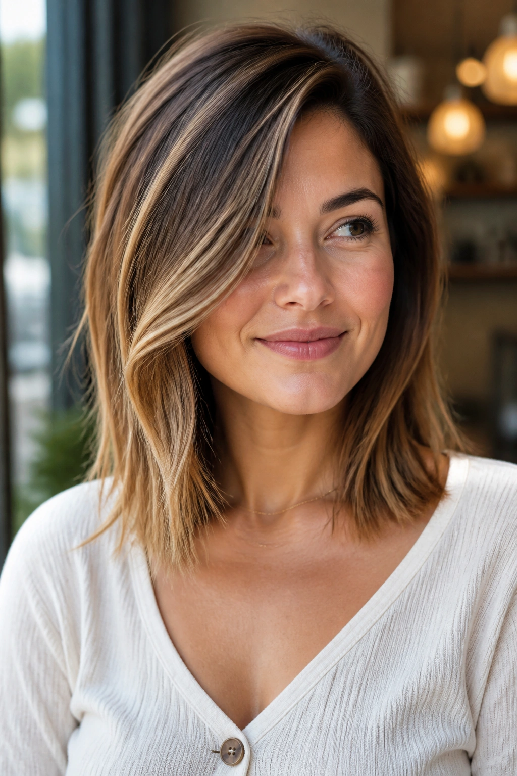 Portrait of woman with caramel balayage lob and deep side part