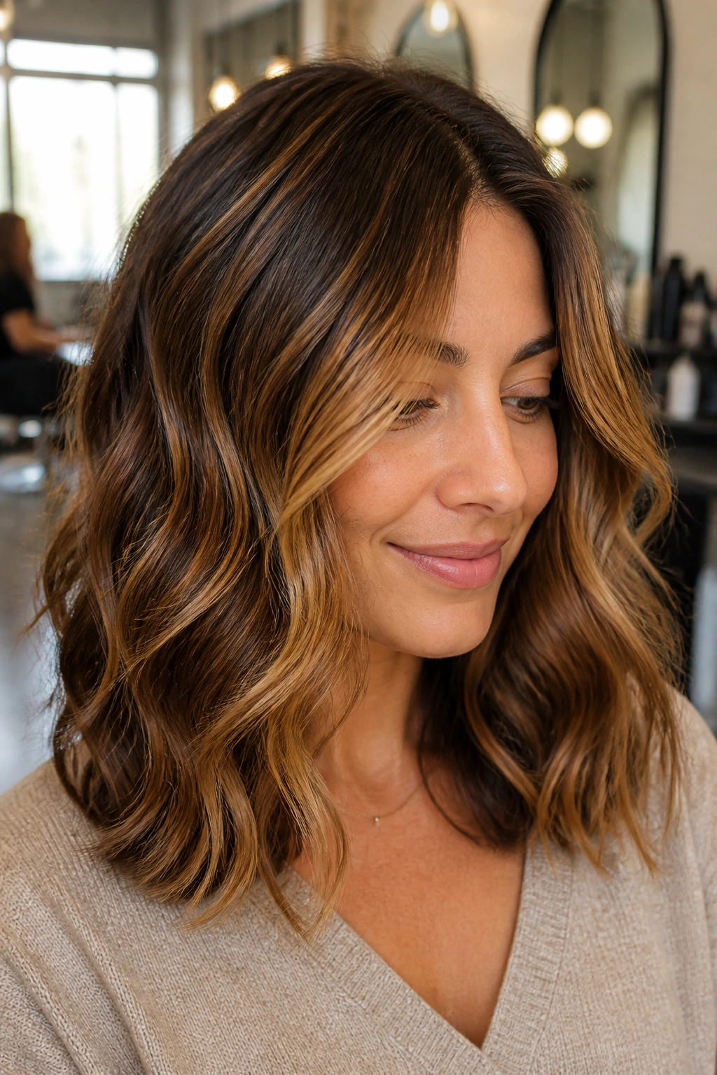 Portrait of a woman with caramel ribbon balayage on medium brown hair