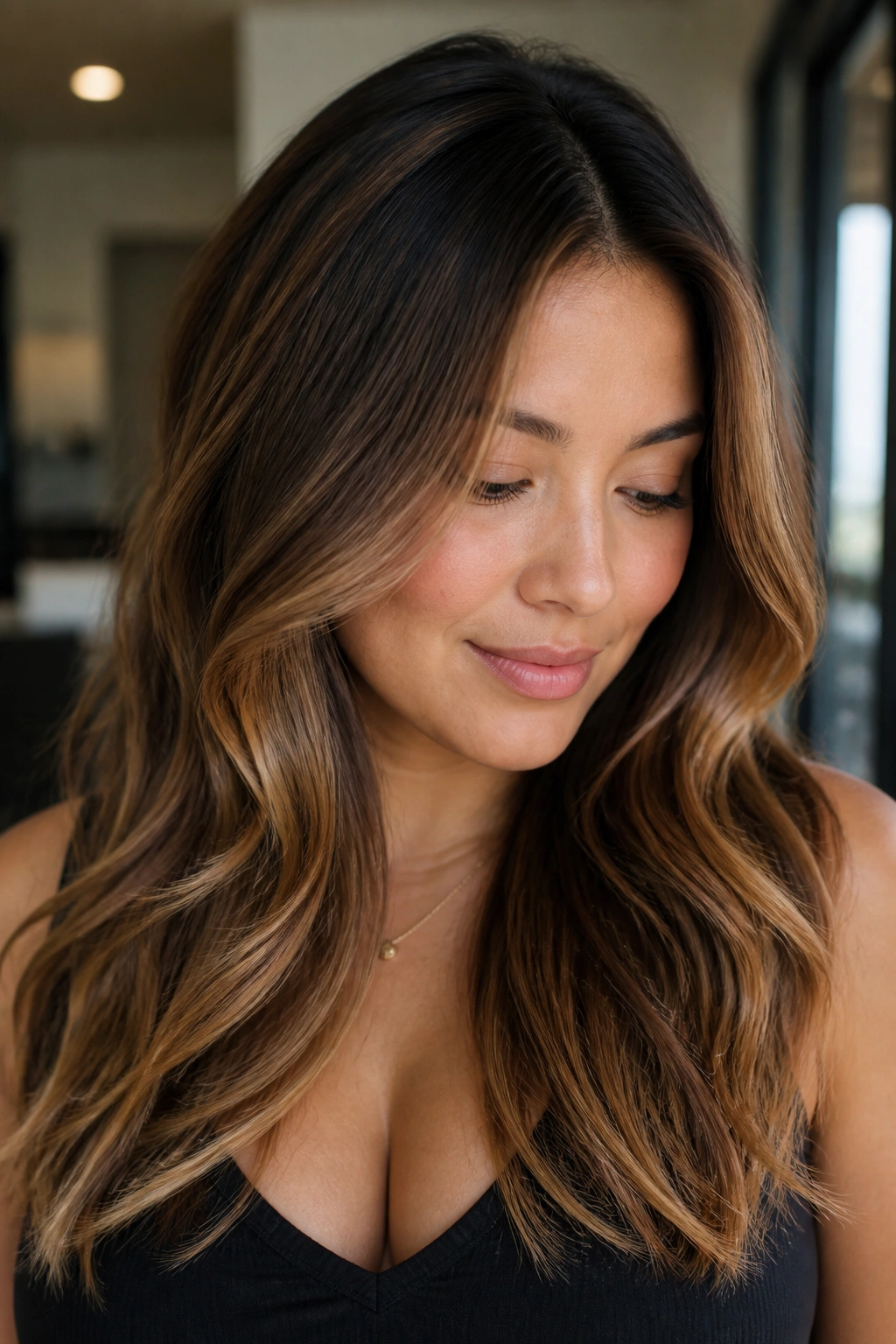 Close-up of a woman with mocha base hair and caramel balayage with a shadow root.