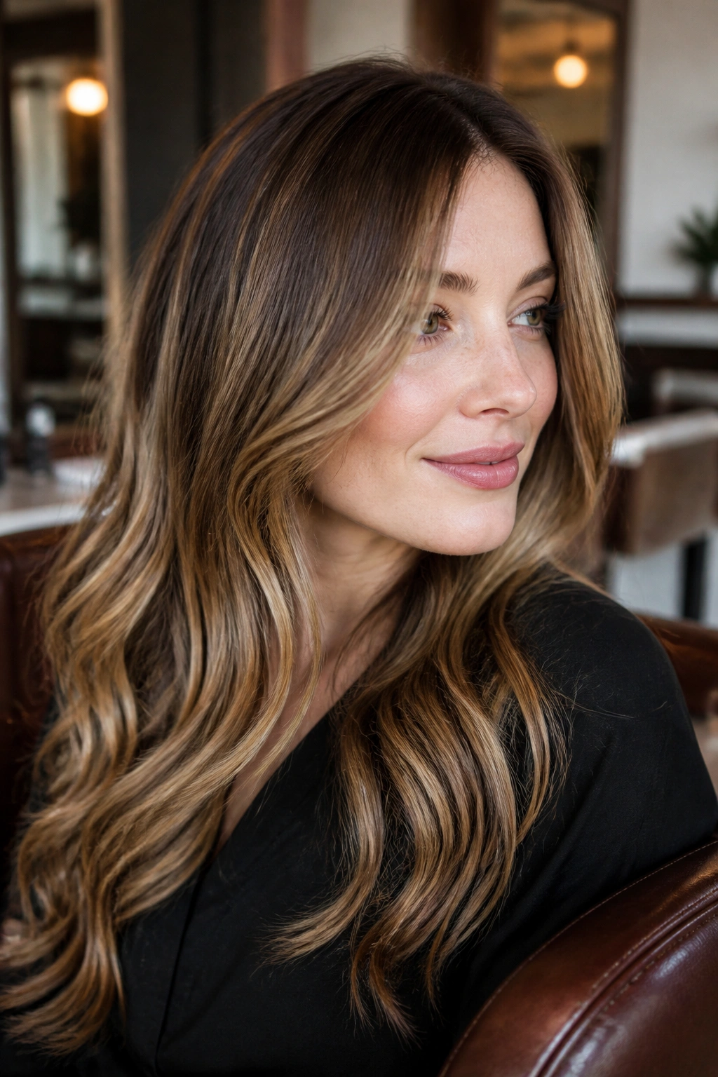 Close-up of a real woman with caramel balayage in a salon setting