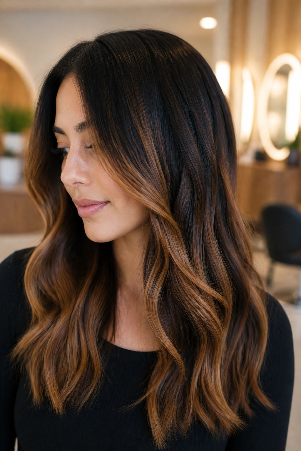 Close-up of a real person with caramel balayage ribbons through black hair.