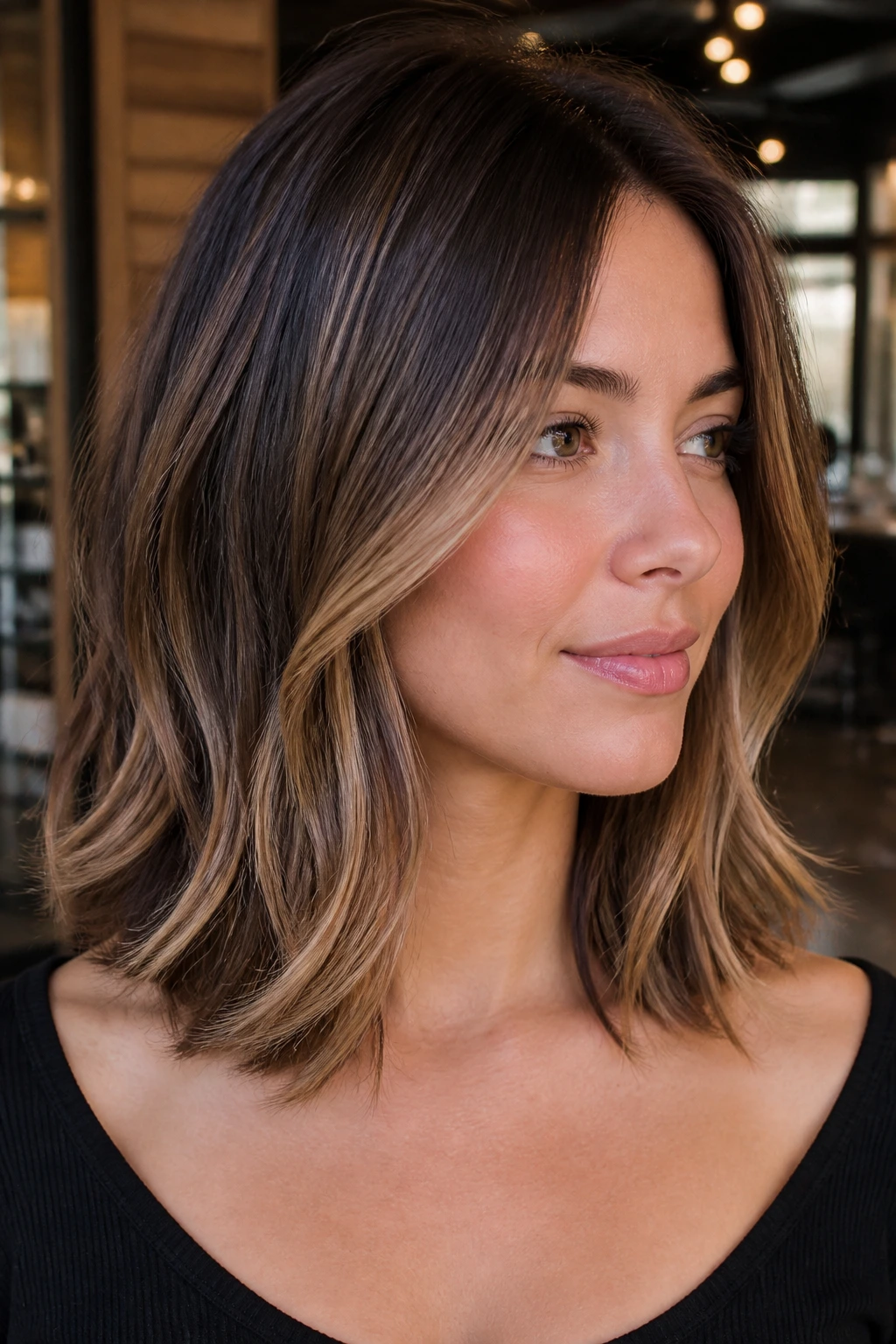 Close-up portrait of a woman showing caramel ribbon balayage with below-cheekbone layers