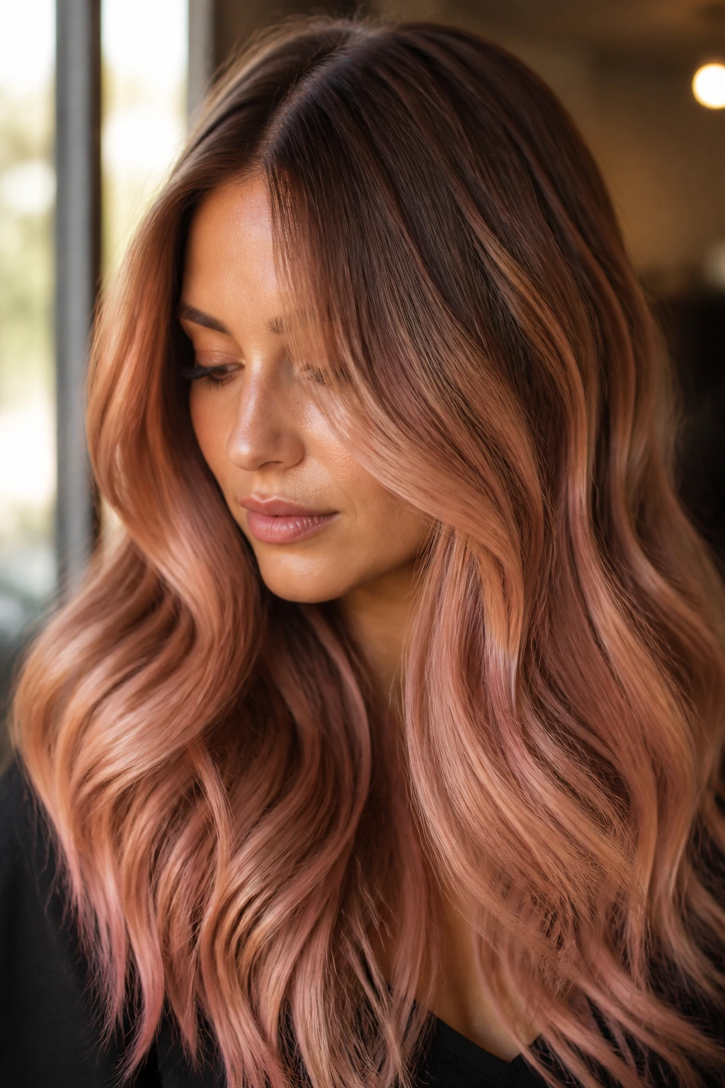 Close-up of real woman with caramel ombre and rose gold veil in warm indoor light