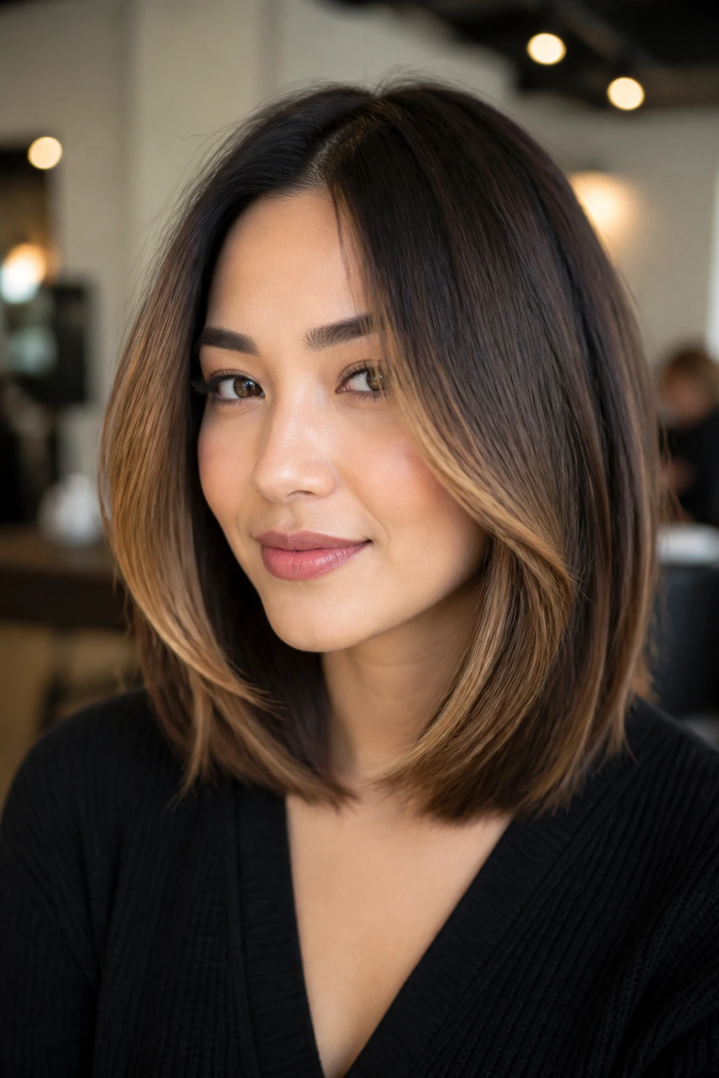 Close-up of a woman with a face-framing lob and smoked caramel near the face.