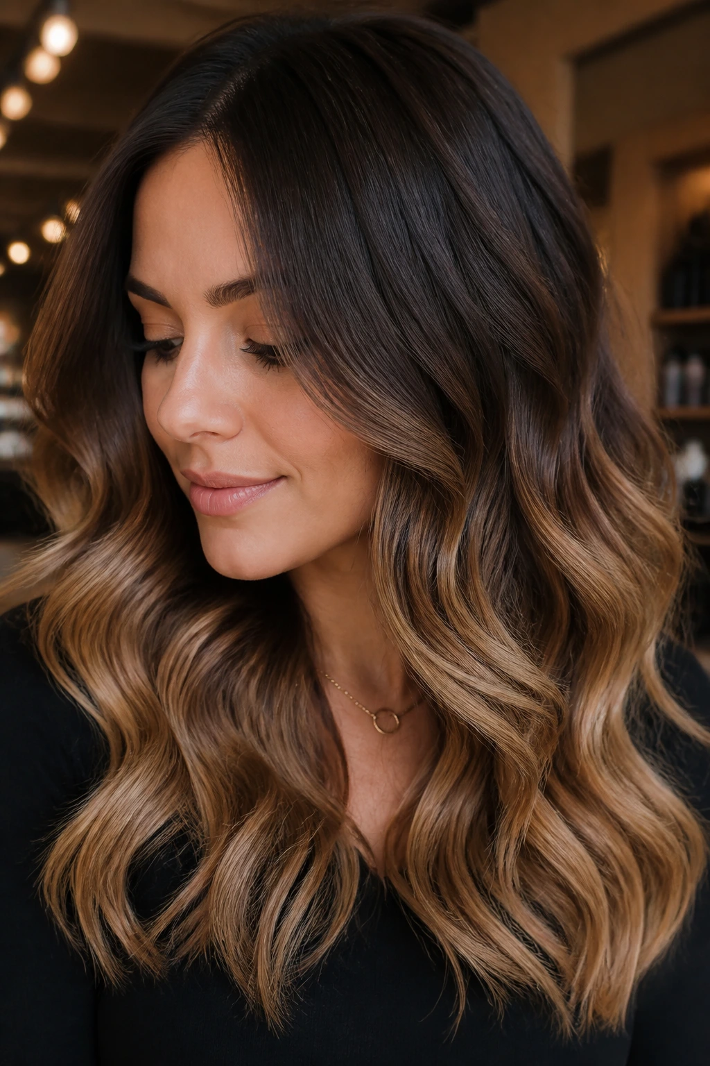 Close-up of a woman with soft curls and caramel ends against dark midlengths.