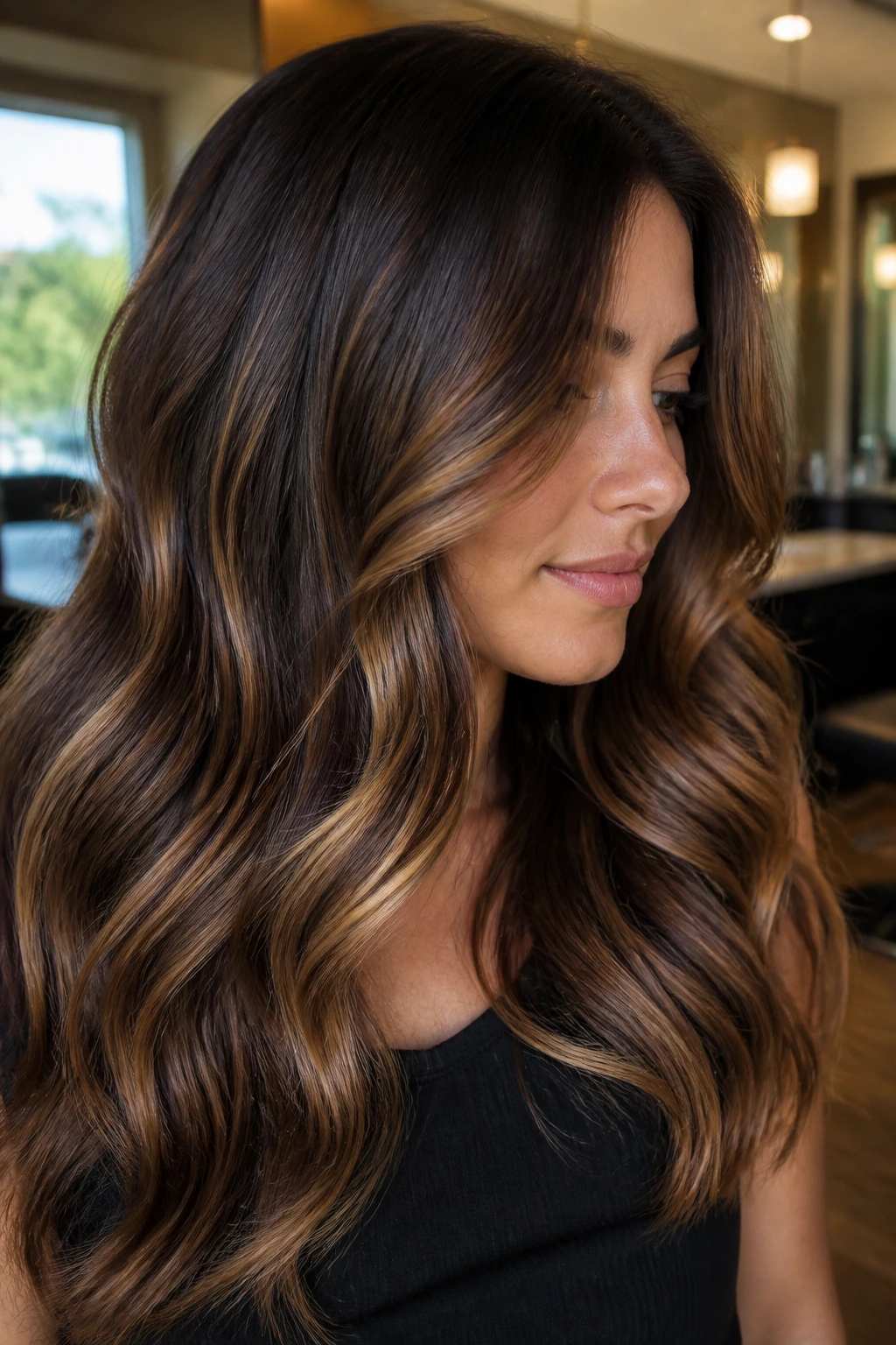 Close up of thick brown hair with broad caramel balayage panels